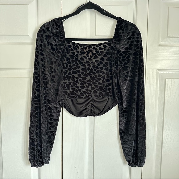 Audrey Parks Velvet Burnout Ruched Blouse Womens S Black Animal Print Whimsigoth - Picture 2 of 8